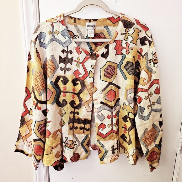 Chico's Jacket Size 3 (XL) Linen Blazer Southwestern Peasant Boho Aztec Turtle - Picture 1 of 4